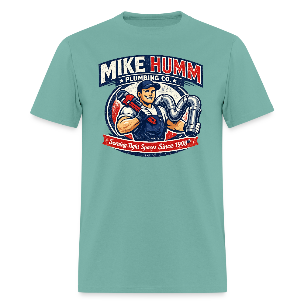 Mike Humm Plumbing T-Shirt (Adult Humor) Color: aquatic