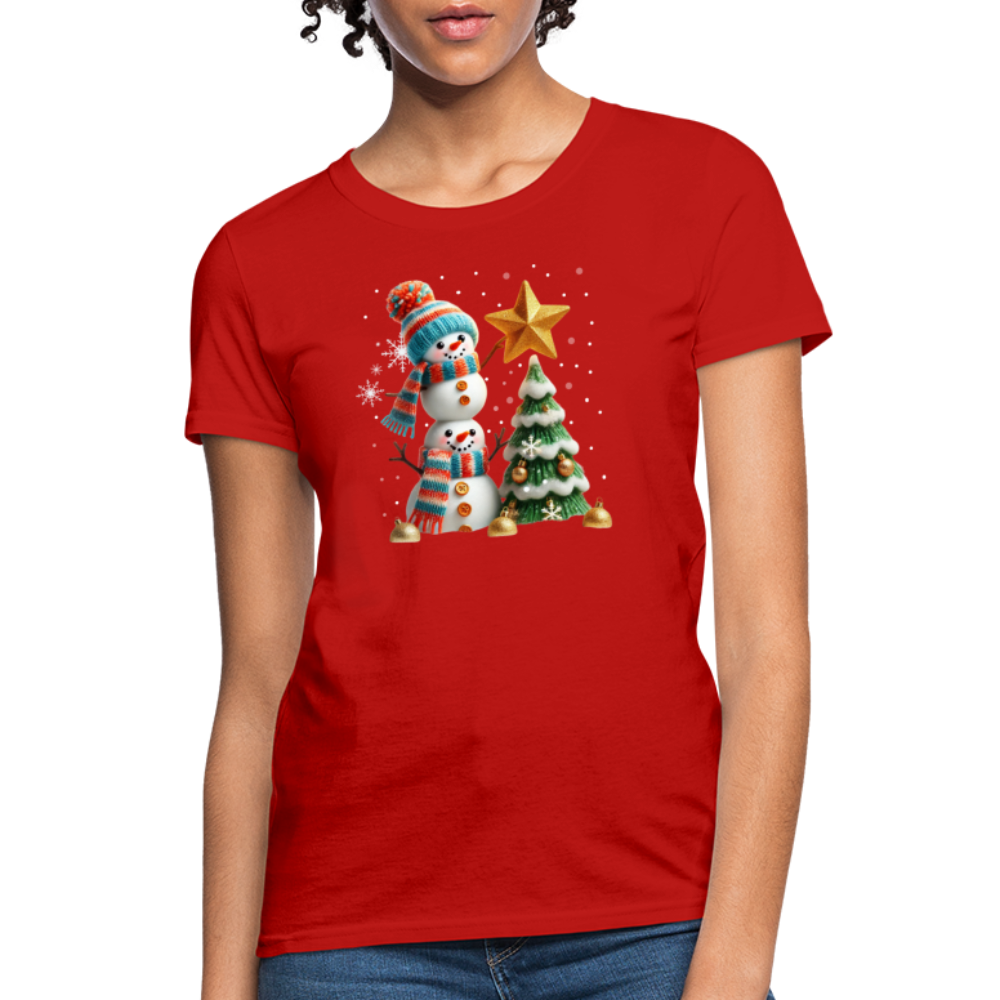 Cute Christmas Funny Snowman Decorating Tree Women's Contoured T-Shirt - red