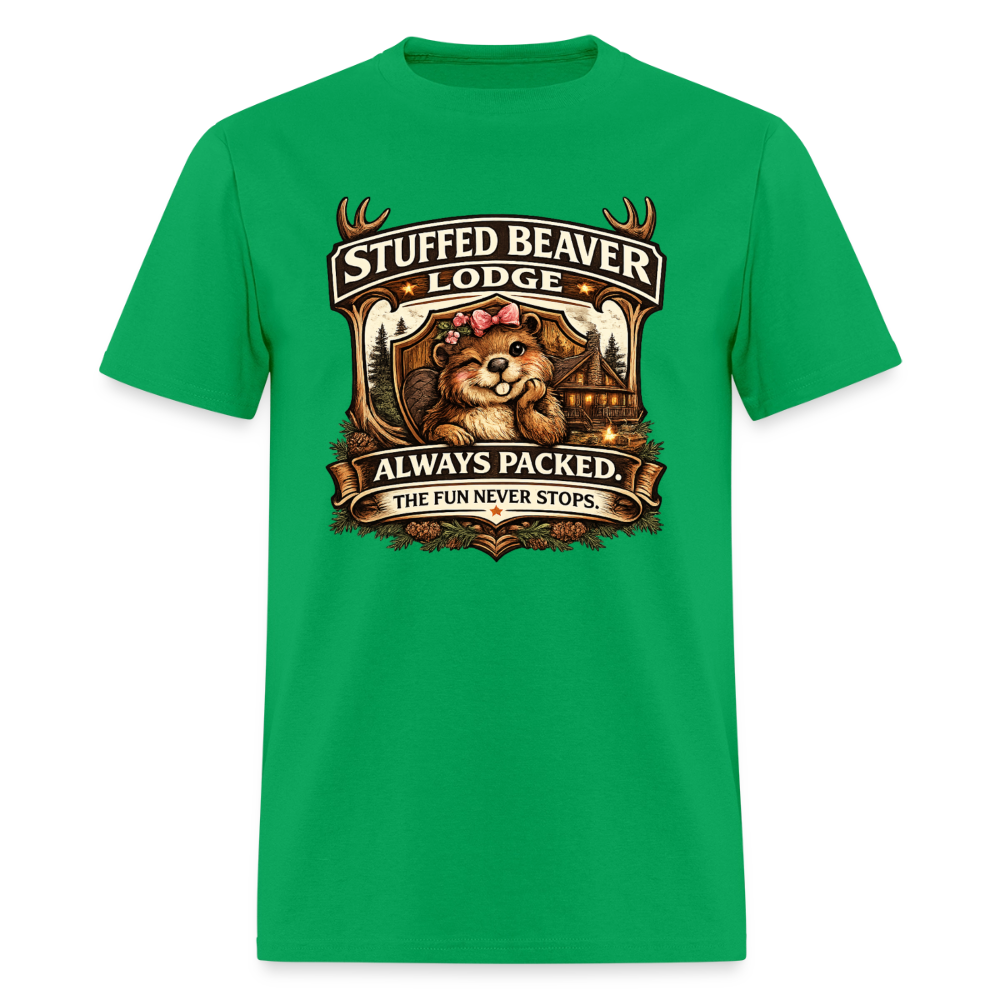 Stuffed Beaver Lodge Funny Adult T-Shirt Color: Bright Green