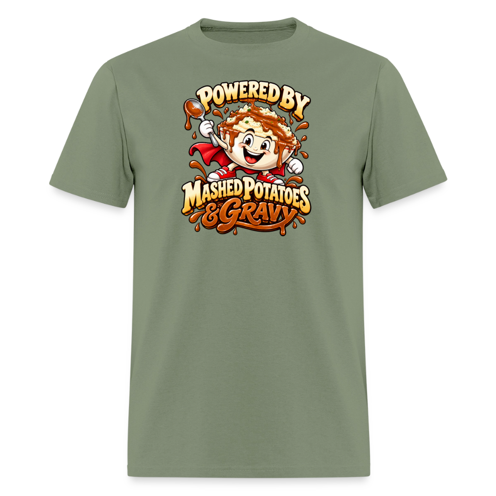 Powered by Mashed Potatoes & Gravy – Superhero T-Shirt - military green