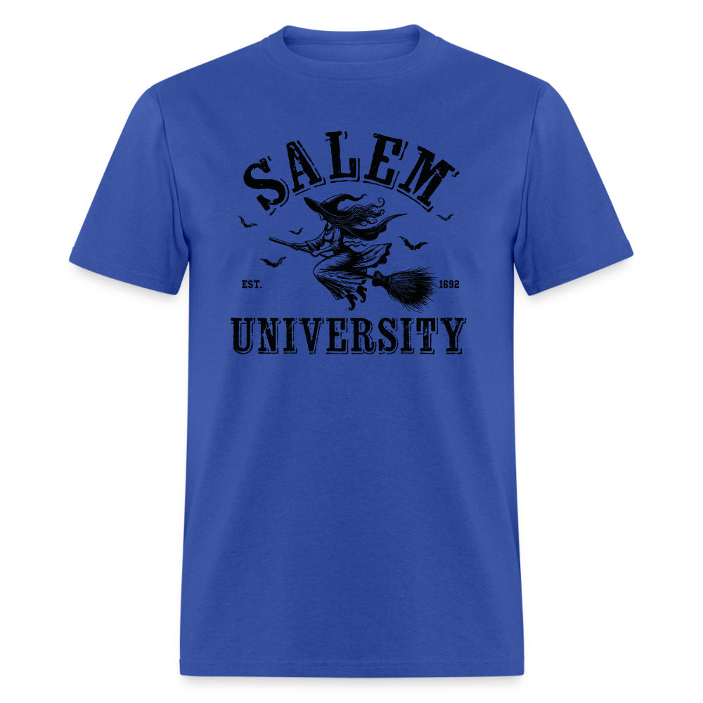 Salem University T-Shirt (Halloween Witch Riding Broom) - royal blue