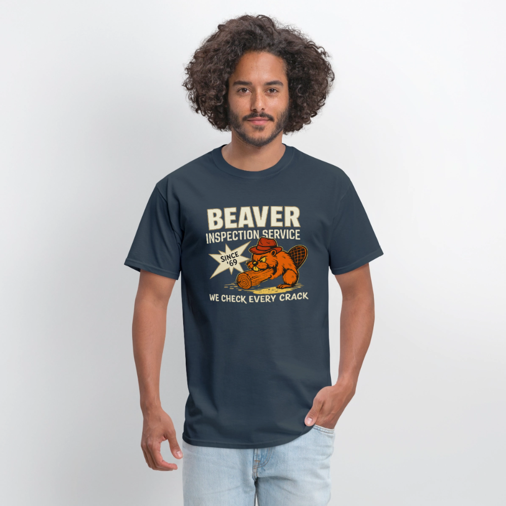 Beaver Inspection Service T-Shirt – Funny Adult Humor Tee Color: blue dusk