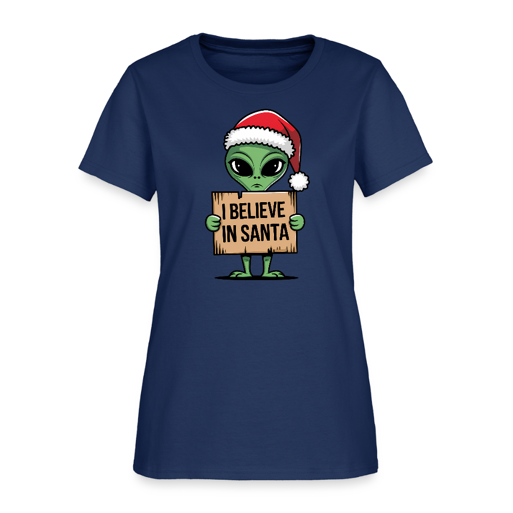 I Believe in Santa Women’s T-Shirt – Alien Christmas Tee Color: blue dusk