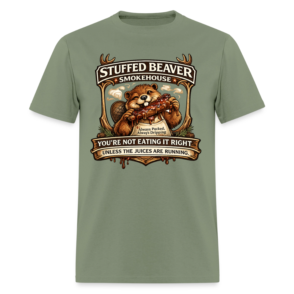 Stuffed Beaver Smokehouse Funny T-Shirt Color: Military Green