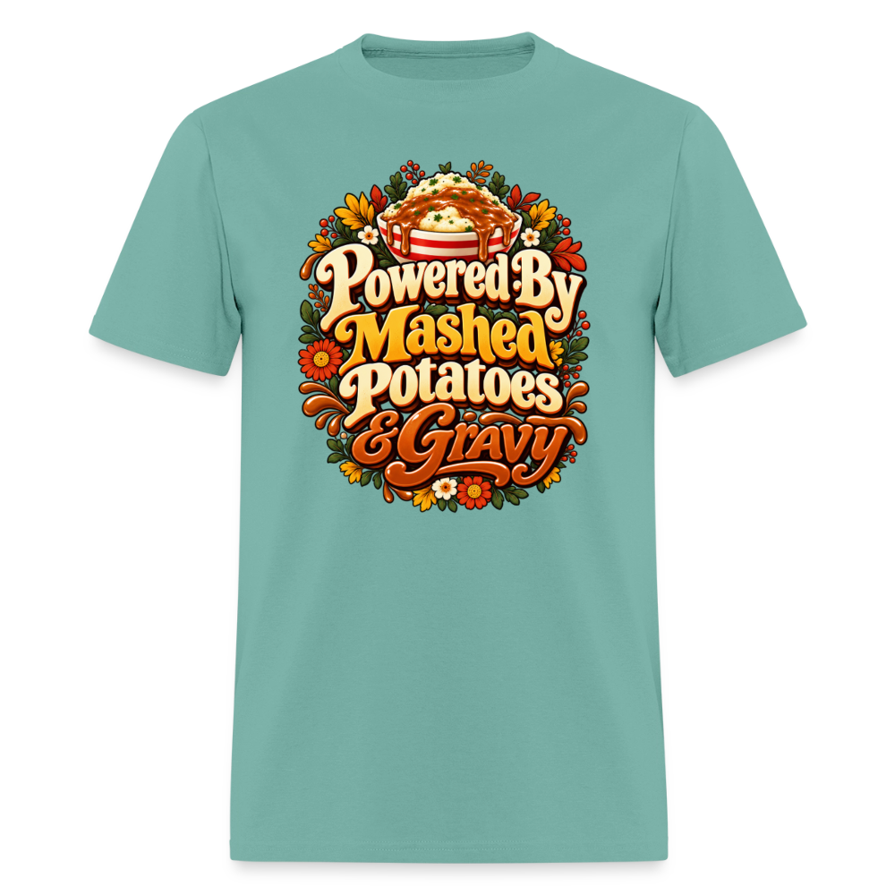 Powered by Mashed Potatoes & Gravy – Fall Floral T-Shirt - aquatic
