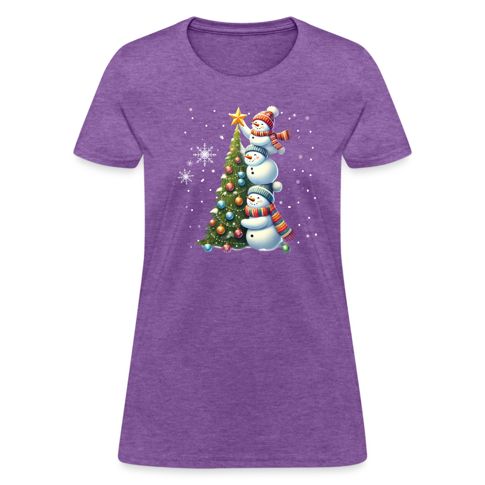 Cute Snowman Decorating Christmas Tree Women's Contoured T-Shirt - purple heather