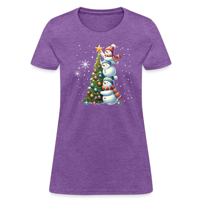 Cute Snowman Decorating Christmas Tree Women's Contoured T-Shirt - purple heather