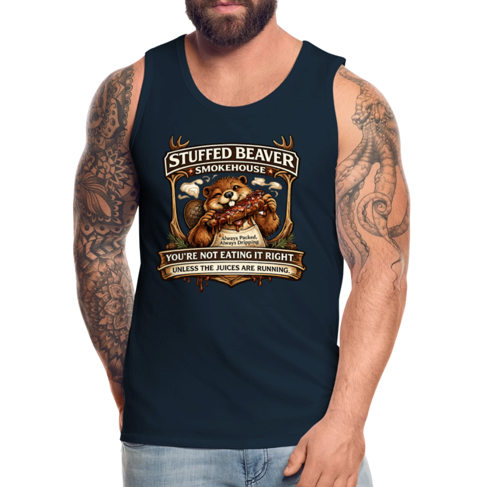 Stuffed Beaver Smokehouse Funny Tank Top Color: Deep Navy