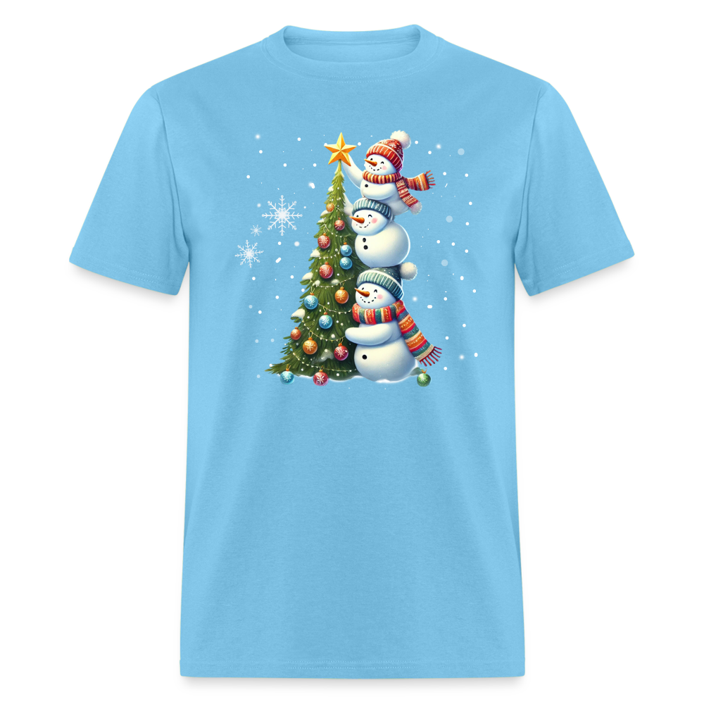 Cute Snowman Decorating Christmas Tree T-Shirt - aquatic blue