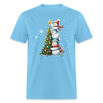 Cute Snowman Decorating Christmas Tree T-Shirt - aquatic blue