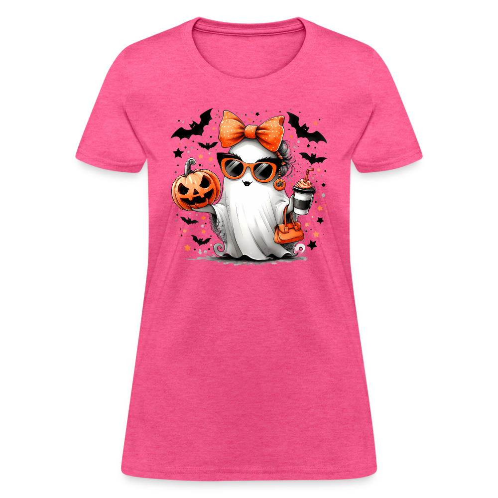 Cute Halloween Ghost with Pumpkins and Bats Women's T-Shirt (Mom Halloween Tee) - heather pink