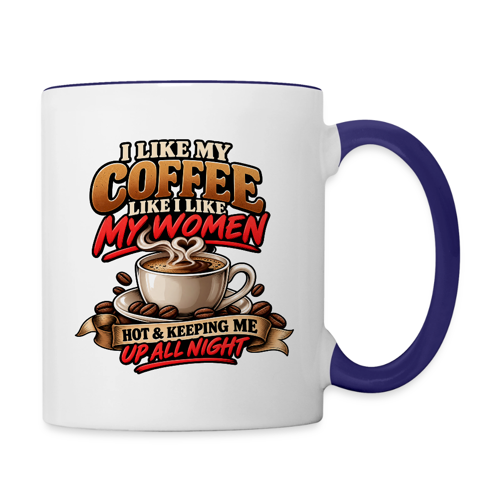 I Like My Coffee Like I Like My Women Funny Coffee Mug Color: White/Cobalt Blue