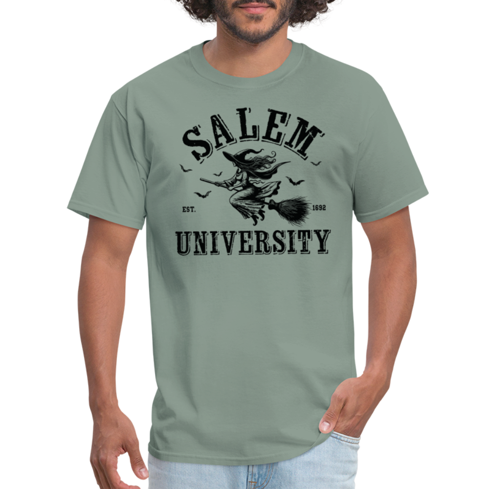 Salem University T-Shirt (Halloween Witch Riding Broom) - sage