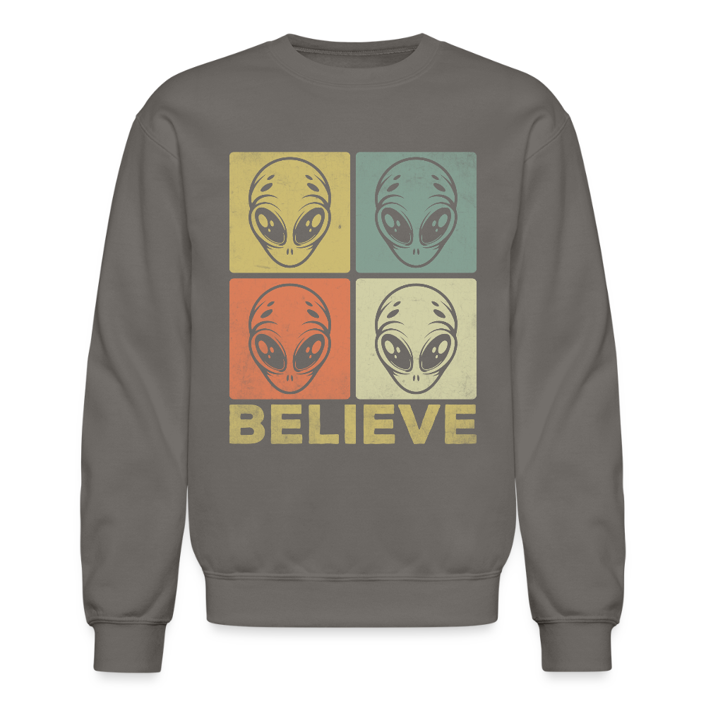 Believe Alien Sweatshirt – Fun UFO Style with Alien Faces - asphalt gray