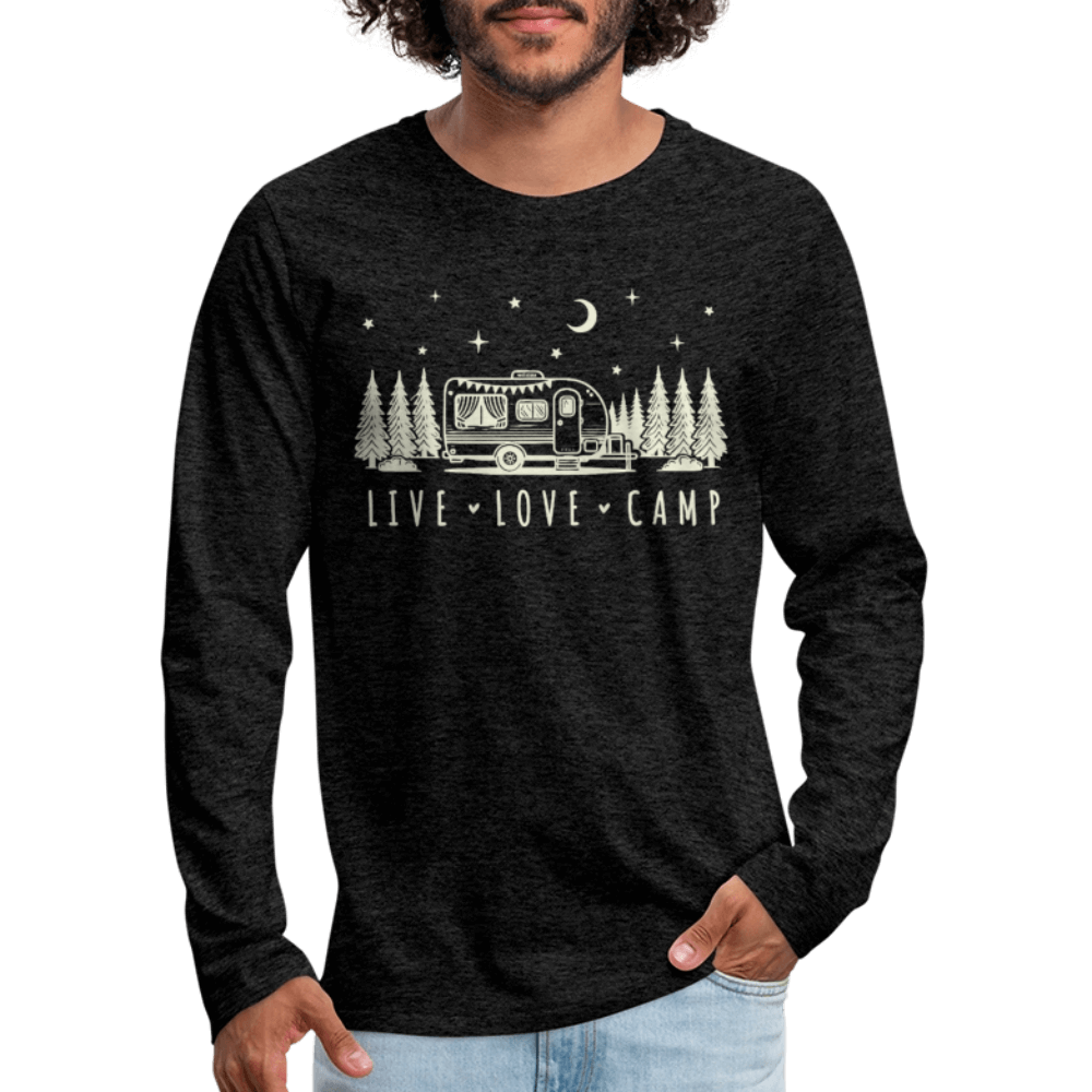 Live Love Camp Men’s Long Sleeve Tee – Camper in the Woods - charcoal grey