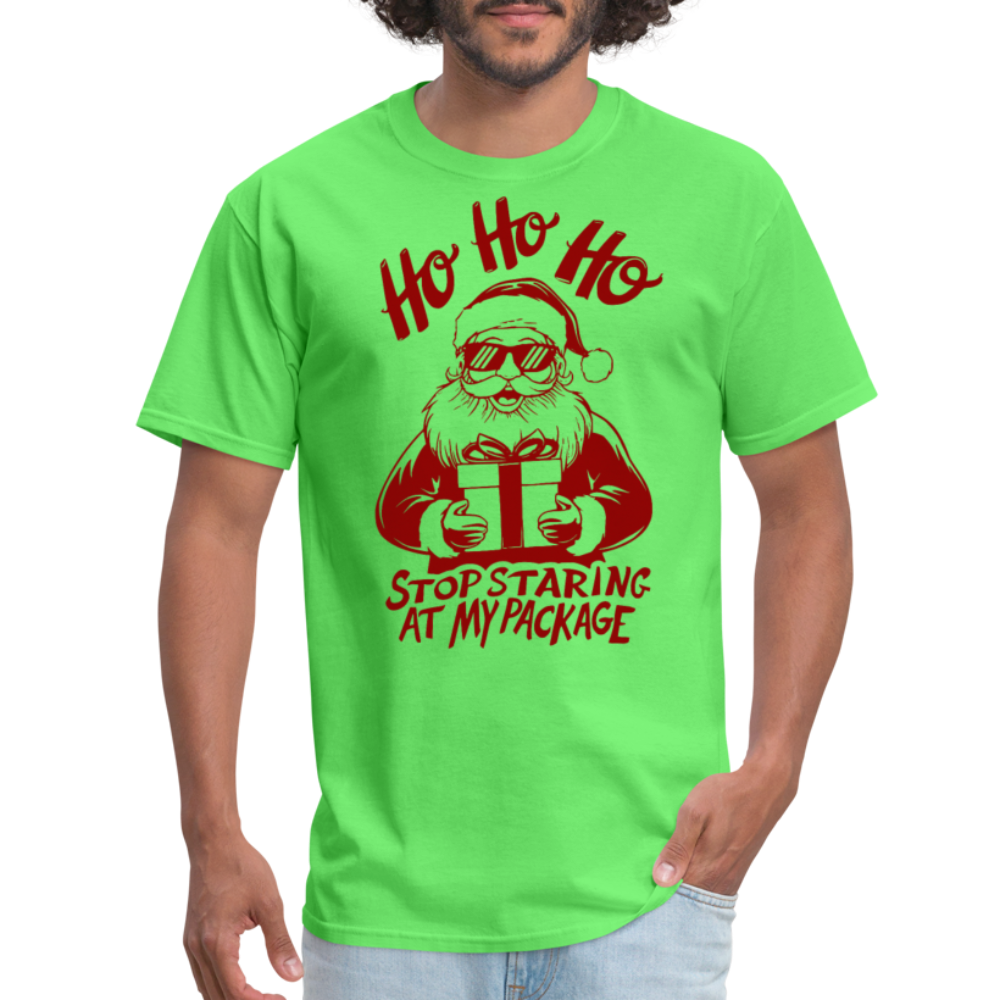 Ho Ho Ho Stop Staring Ay My Package (Funny Christmas Santa) T-Shirt - kiwi