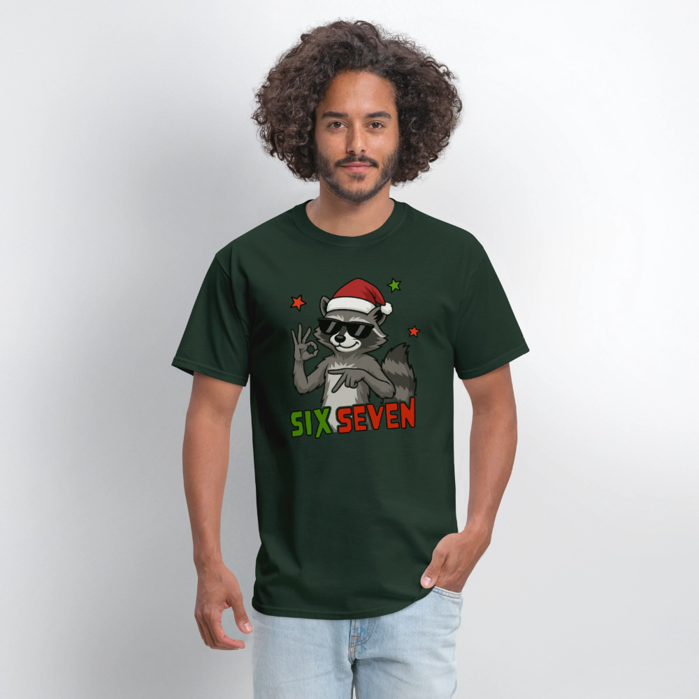 Six Seven 67 Raccoon Wearing Christmas Hat T-Shirt - forest green