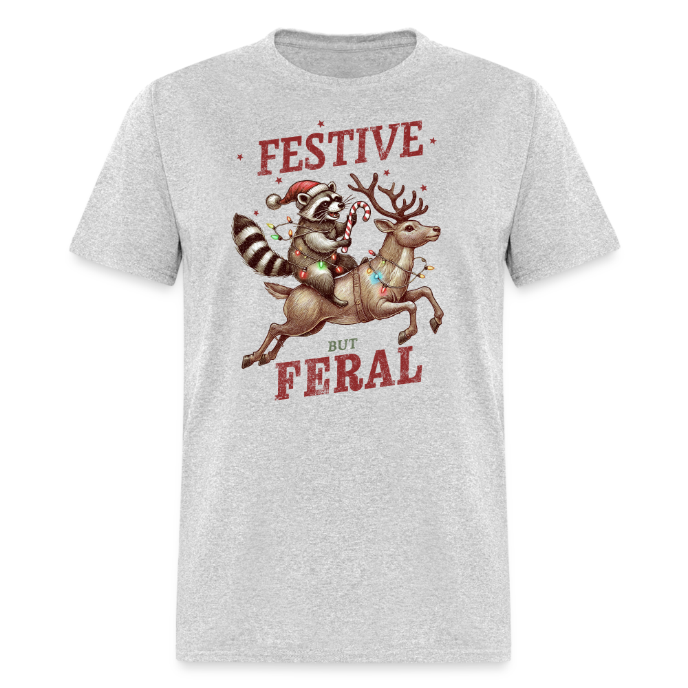 Festive But Feral Raccoon Christmas T-Shirt - heather gray