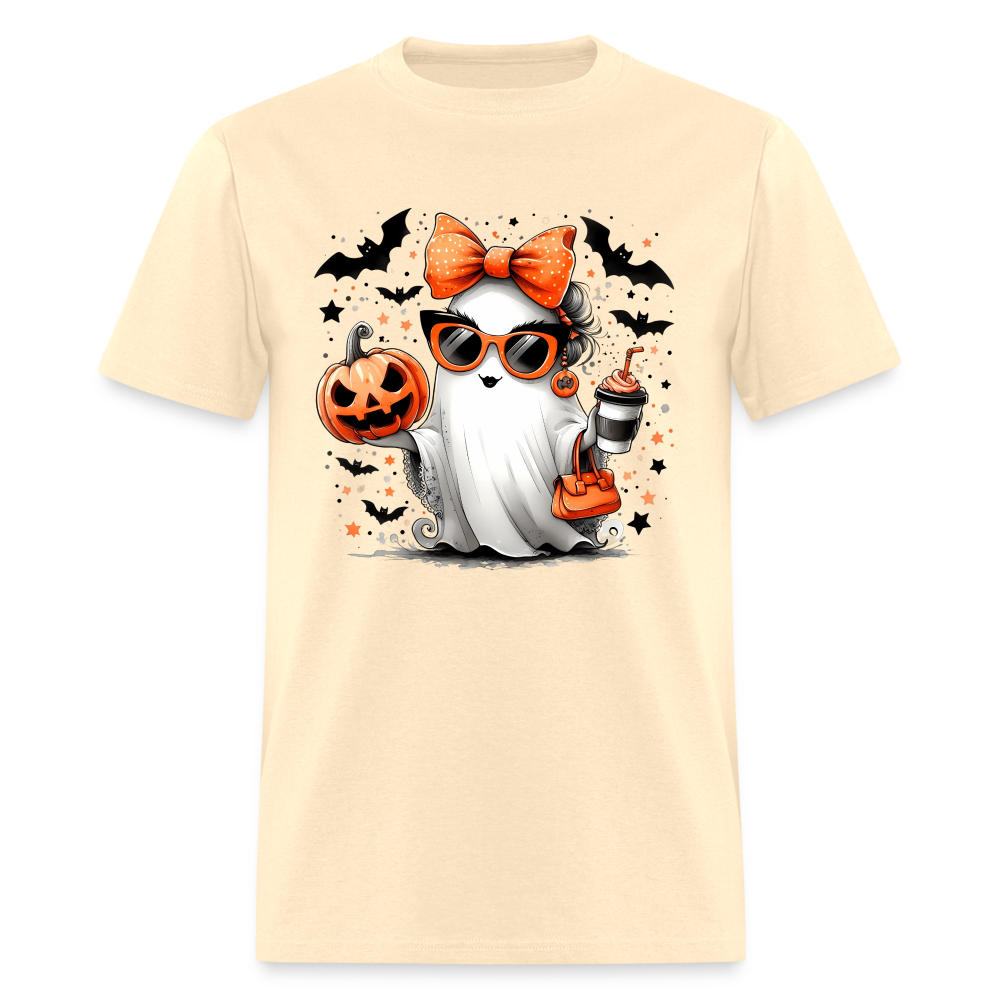 Cute Halloween Ghost with Pumpkins and Bats T-Shirt - natural