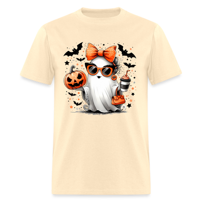 Cute Halloween Ghost with Pumpkins and Bats T-Shirt - natural