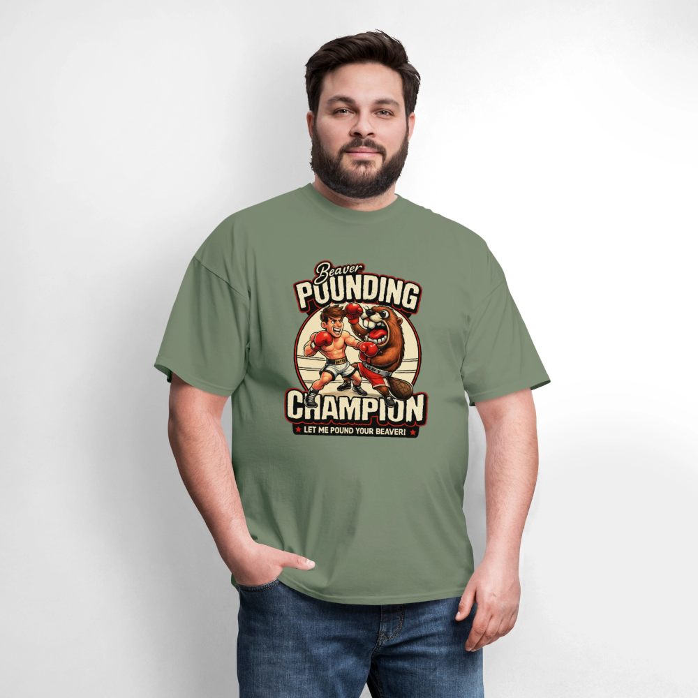 Beaver Pounding Champion Funny Adult Humor Graphic T-Shirt - military green
