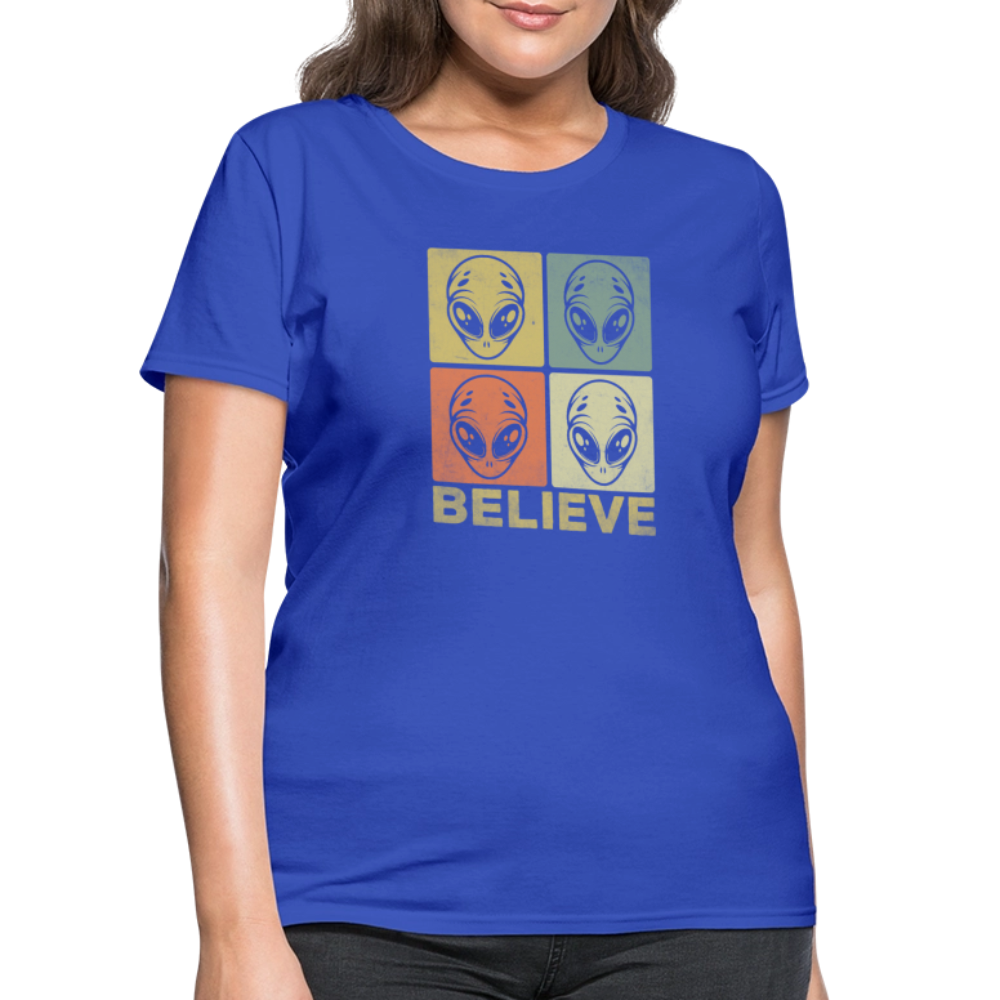 Believe Alien Women’s T-Shirt – Cute UFO Style with Alien Faces - royal blue
