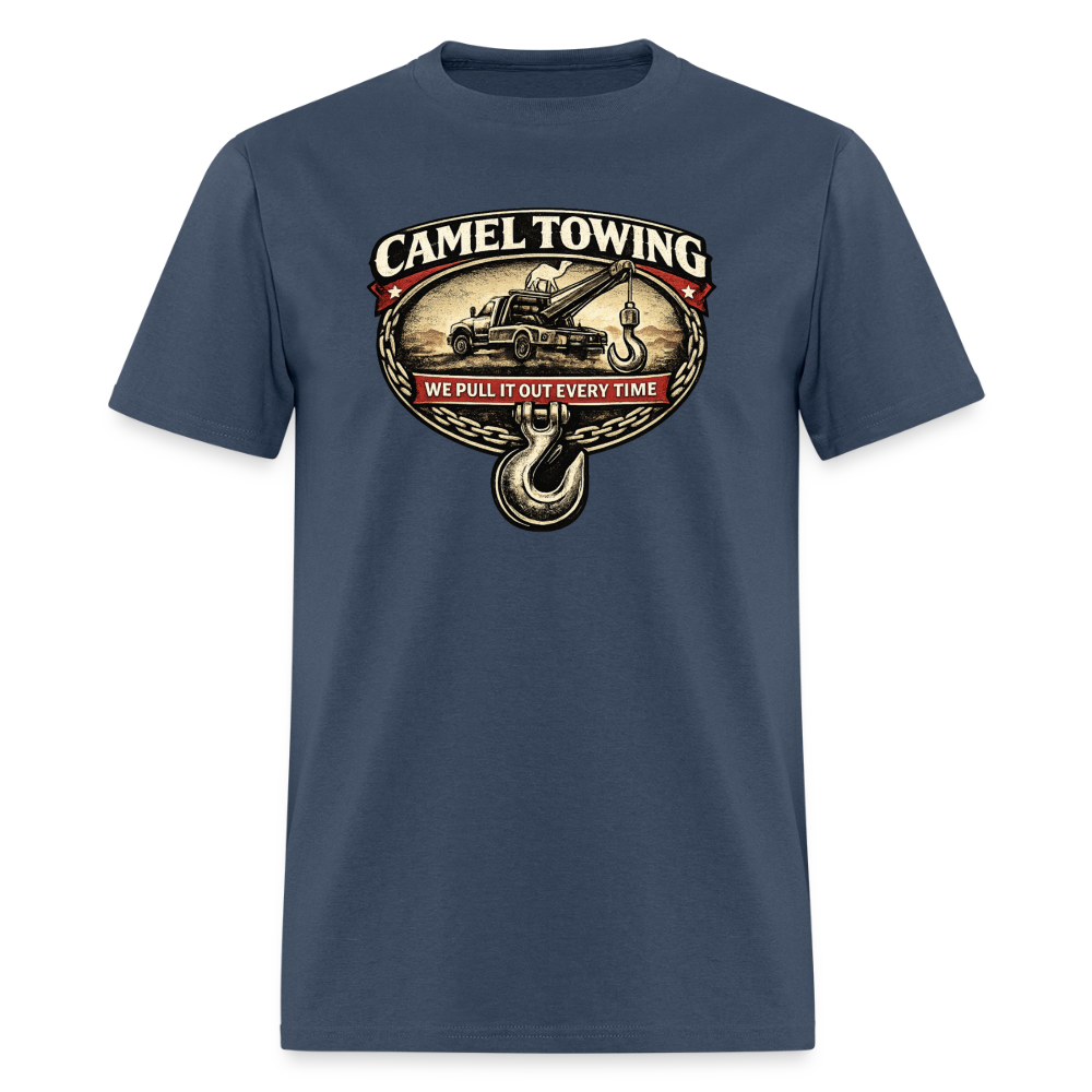 Camel Towing Funny Adult Humor T-Shirt Color: Blue Dusk