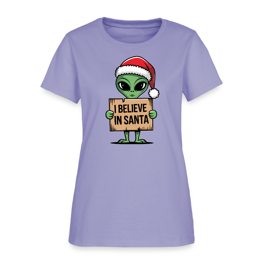I Believe in Santa Women’s T-Shirt – Alien Christmas Tee Color: lavender