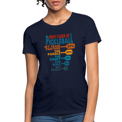 Why I Lose at Pickleball Women's Contoured T-Shirt - navy