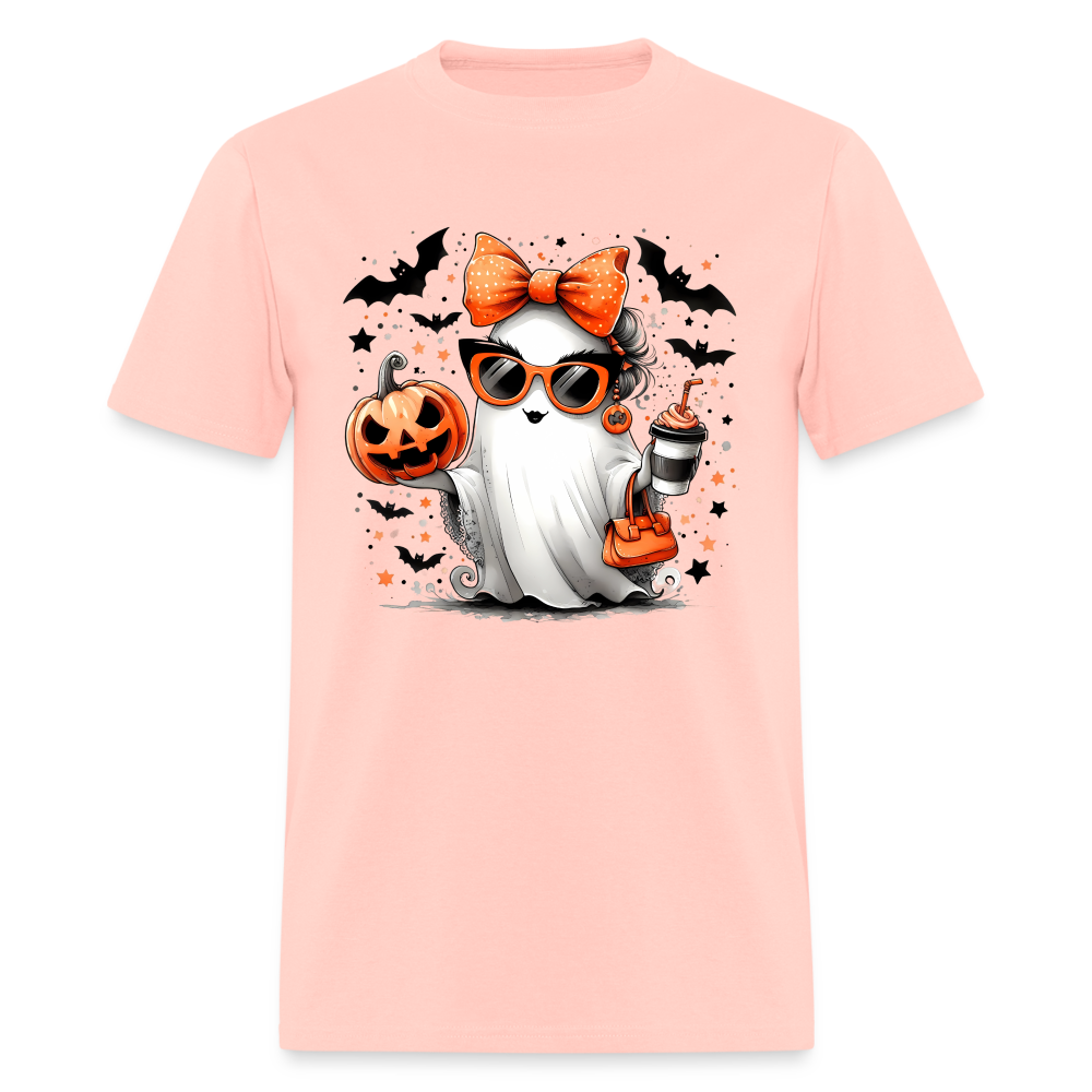 Cute Halloween Ghost with Pumpkins and Bats T-Shirt - blush pink 