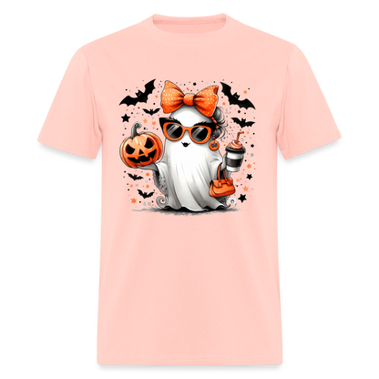 Cute Halloween Ghost with Pumpkins and Bats T-Shirt - blush pink 