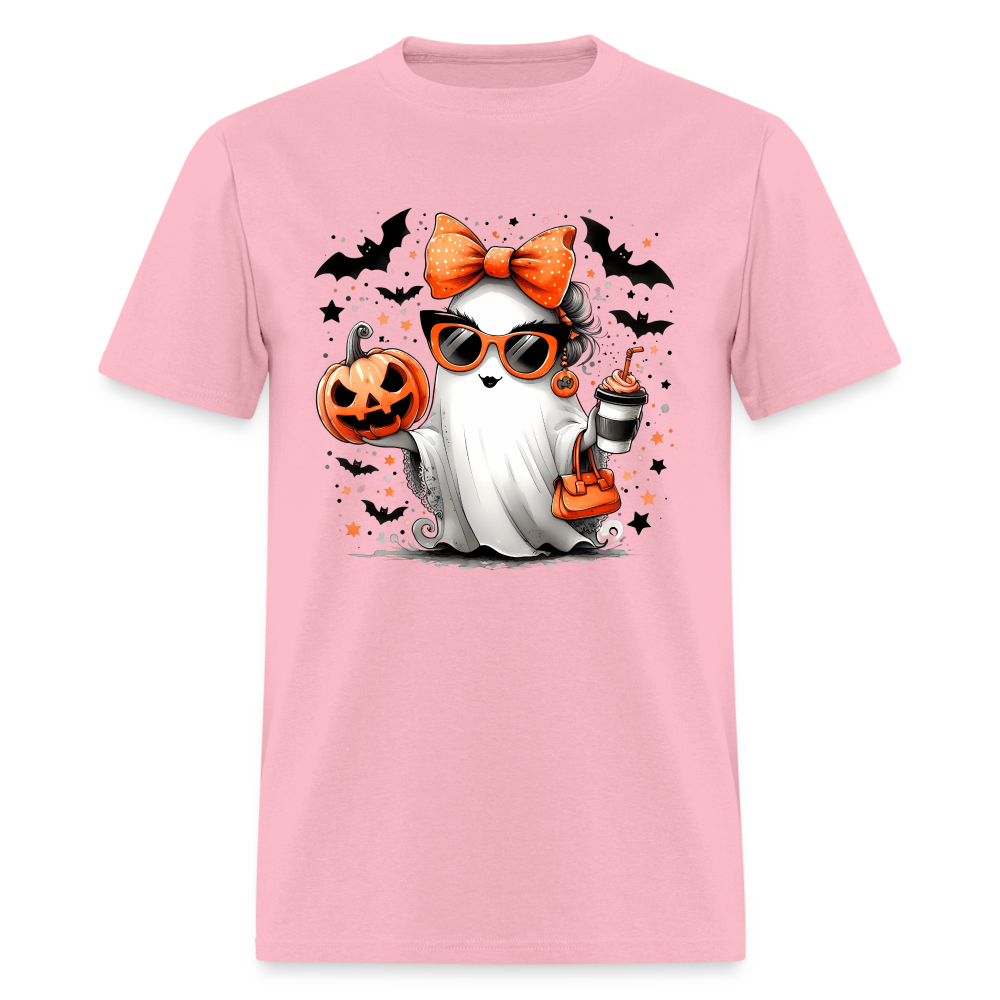 Cute Halloween Ghost with Pumpkins and Bats T-Shirt - pink