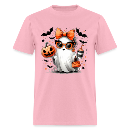 Cute Halloween Ghost with Pumpkins and Bats T-Shirt - pink