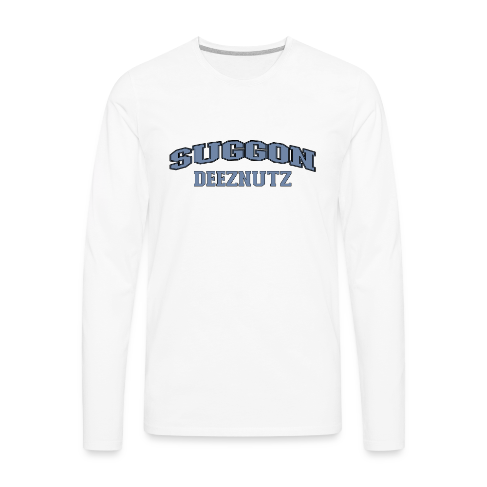 Suggon Deeznutz Men's Premium Long Sleeve T-Shirt (in Blue Ball Colors - Funny Sexual Humor) - white