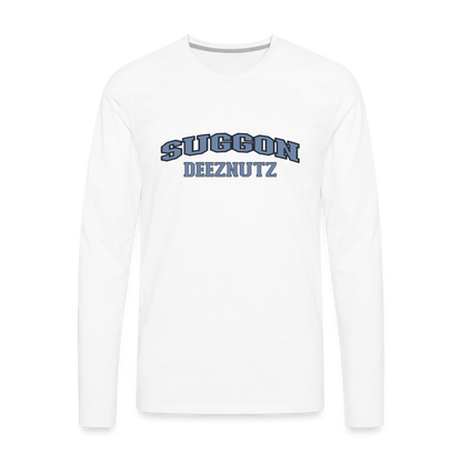 Suggon Deeznutz Men's Premium Long Sleeve T-Shirt (in Blue Ball Colors - Funny Sexual Humor) - white