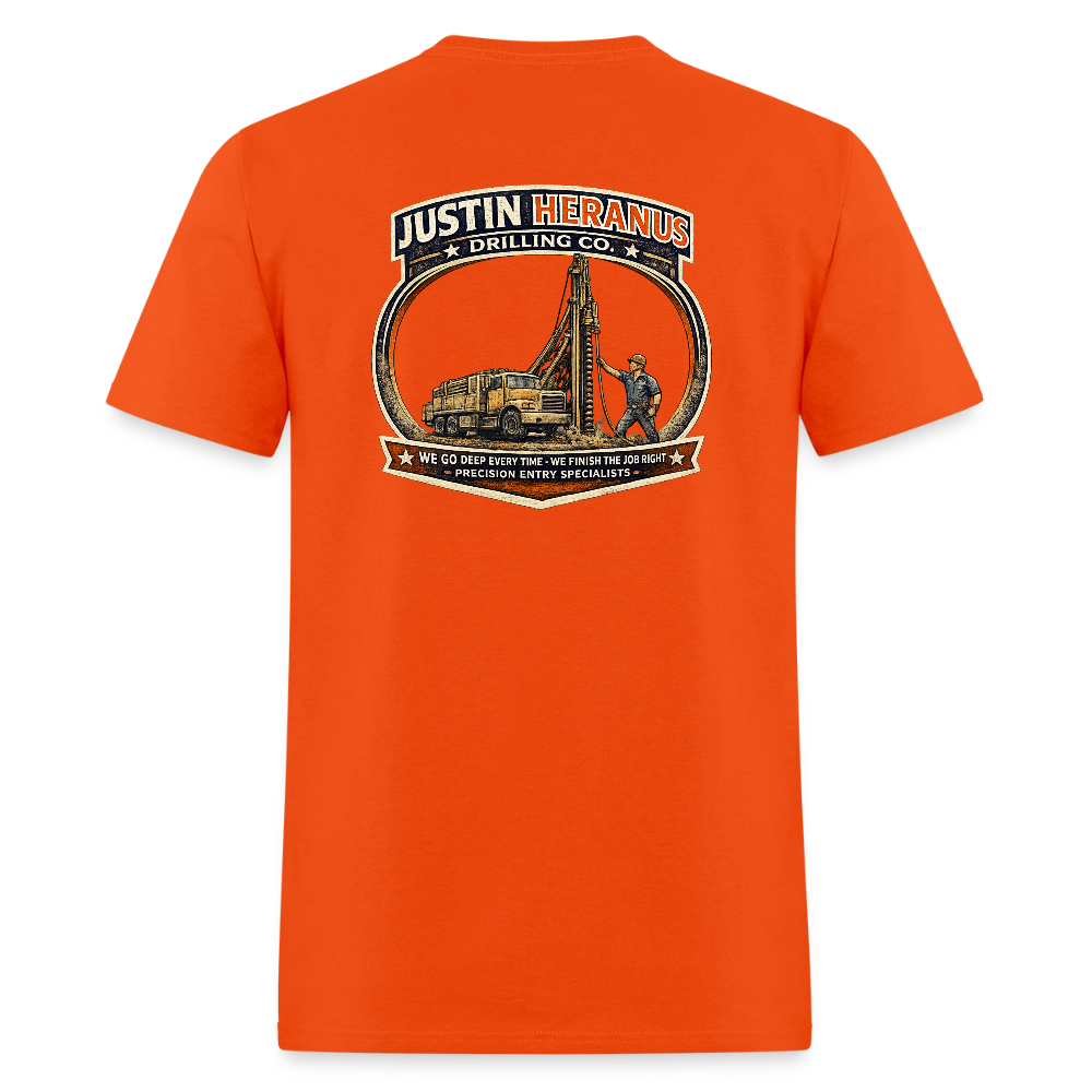 Justin Heranus Drilling Co Double Sided Funny Humor Tee - orange