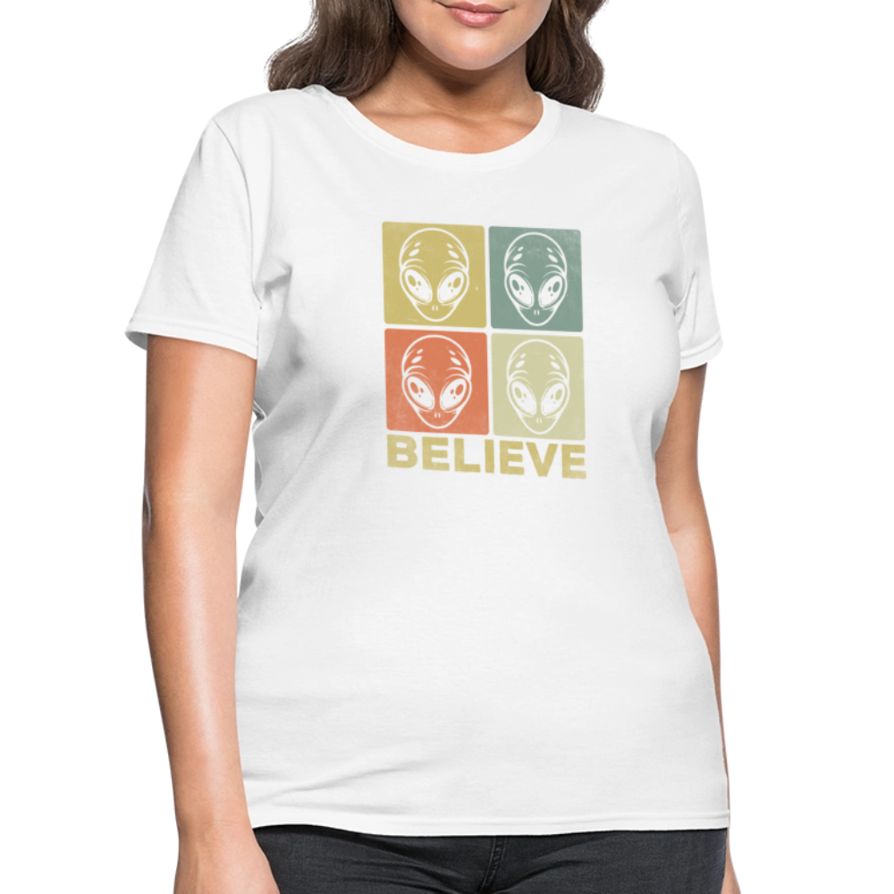 Believe Alien Women’s T-Shirt – Cute UFO Style with Alien Faces - white