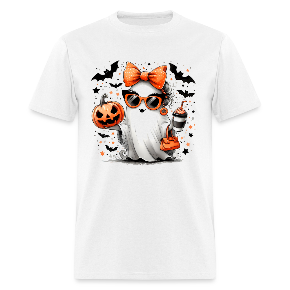 Cute Halloween Ghost with Pumpkins and Bats T-Shirt - white