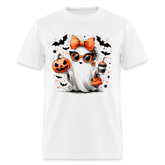 Cute Halloween Ghost with Pumpkins and Bats T-Shirt - white