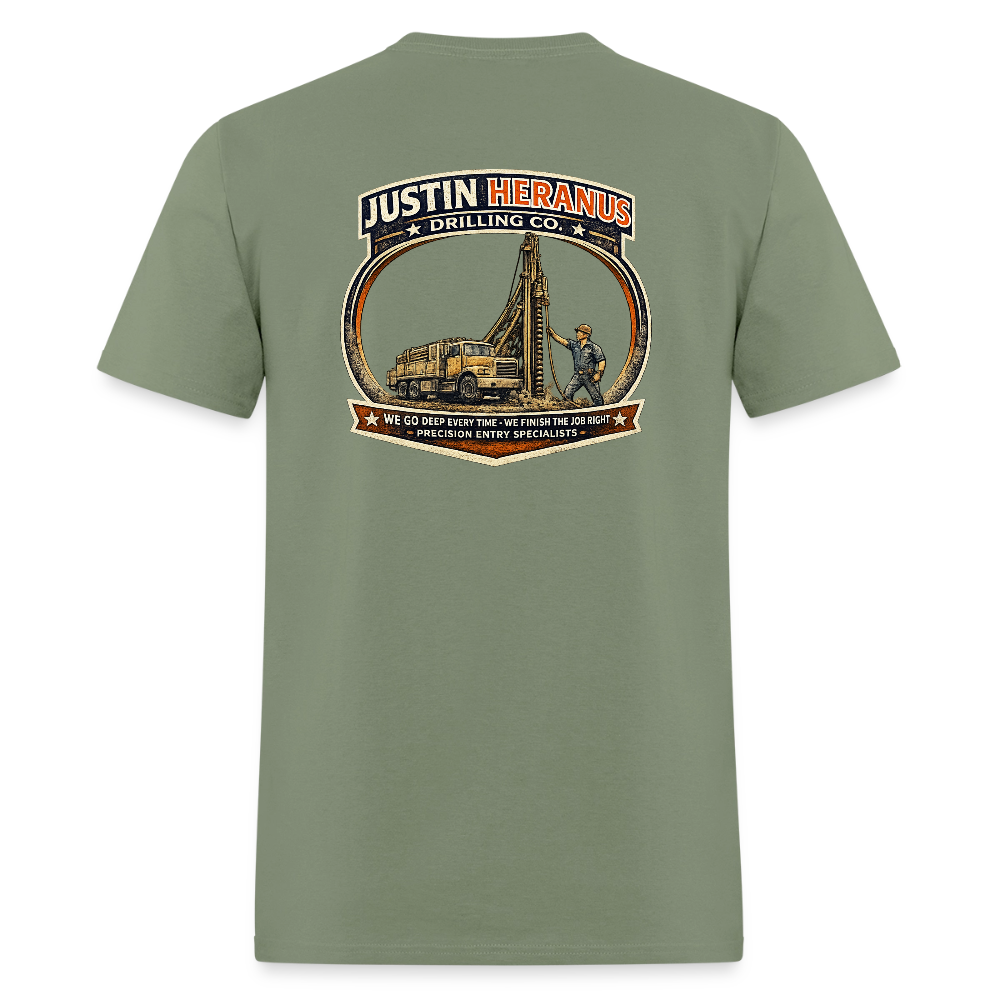 Justin Heranus Drilling Co Double Sided Funny Humor Tee - military green