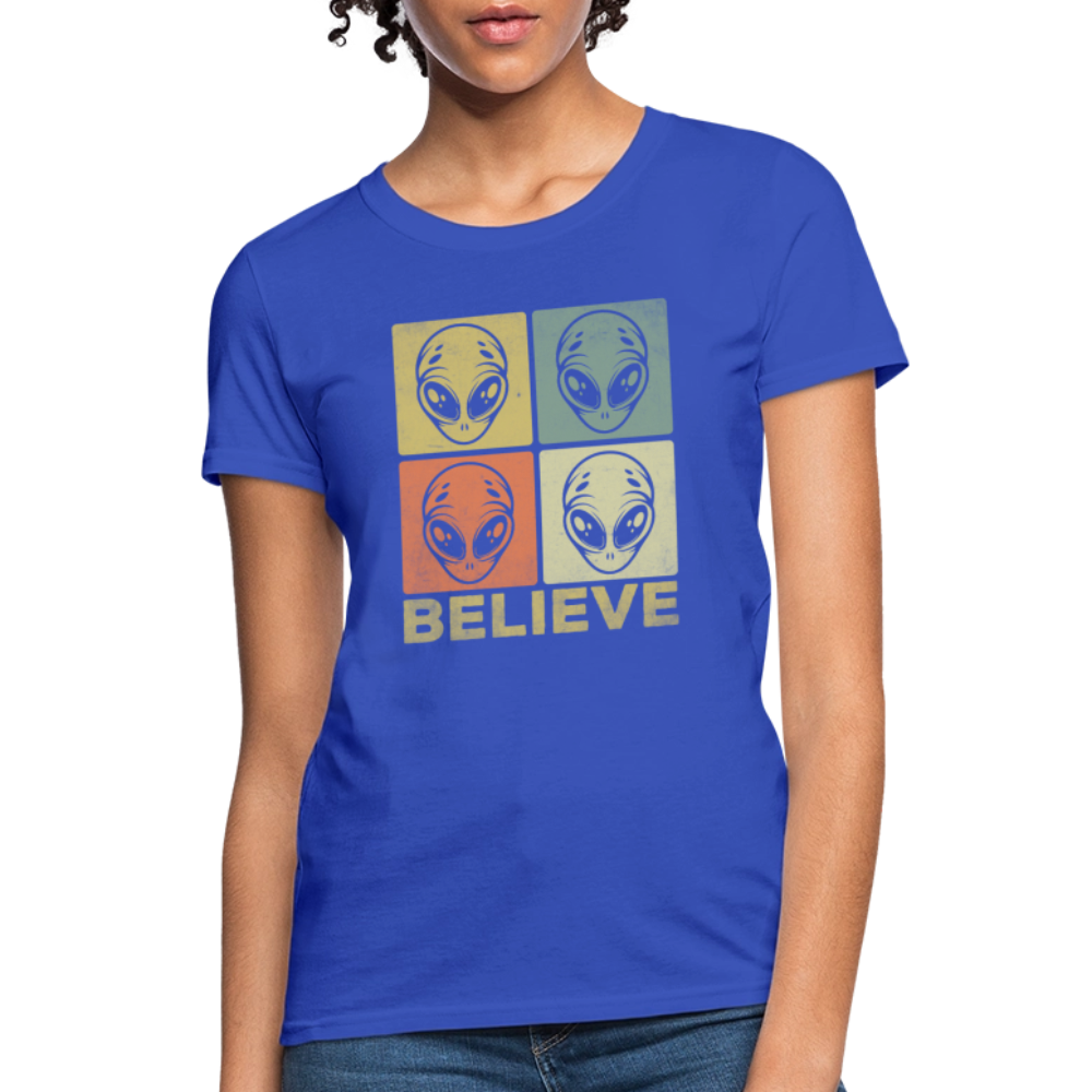 Believe Alien Women’s T-Shirt – Cute UFO Style with Alien Faces - royal blue