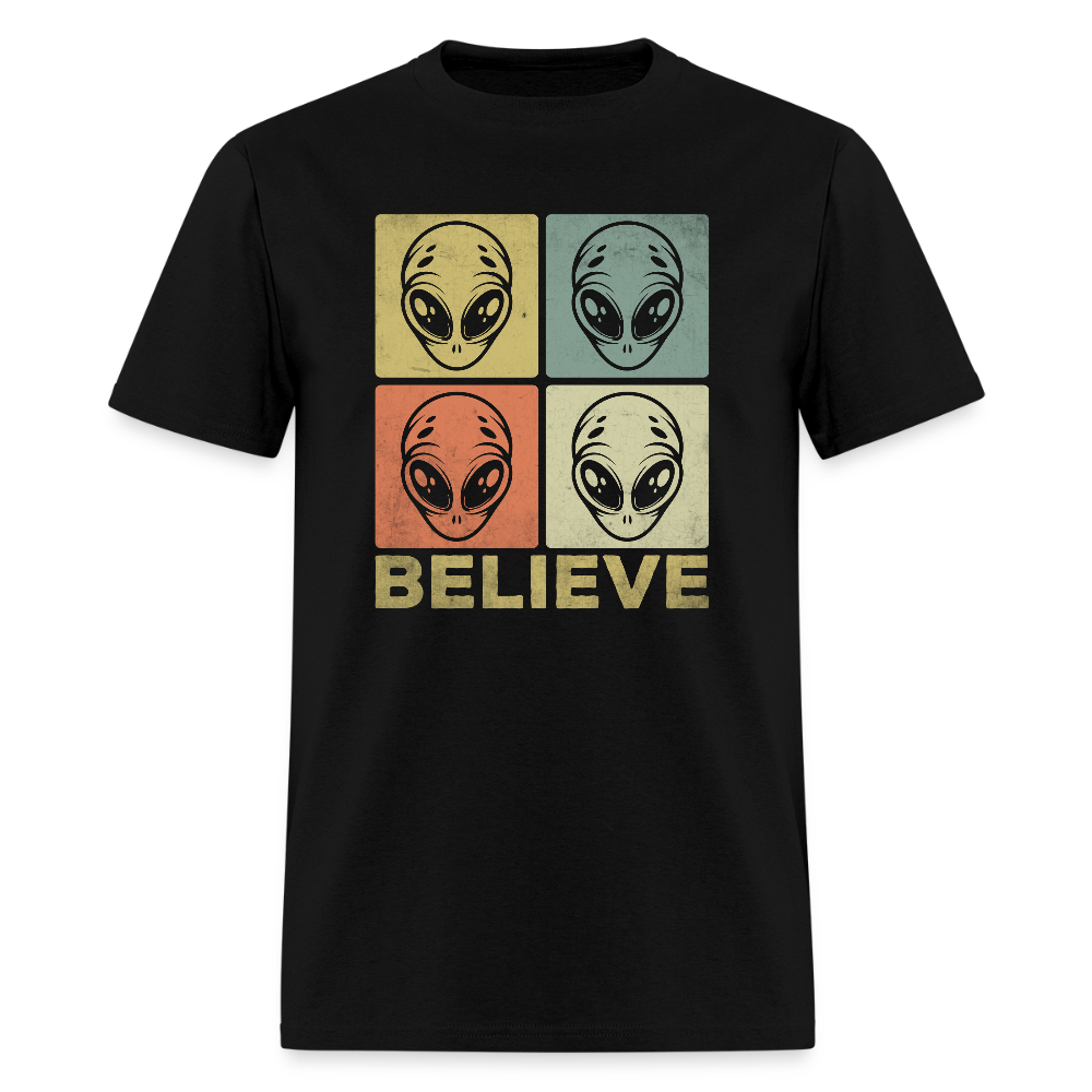 Believe Alien T-Shirt – UFO Style with Alien Faces Design - black