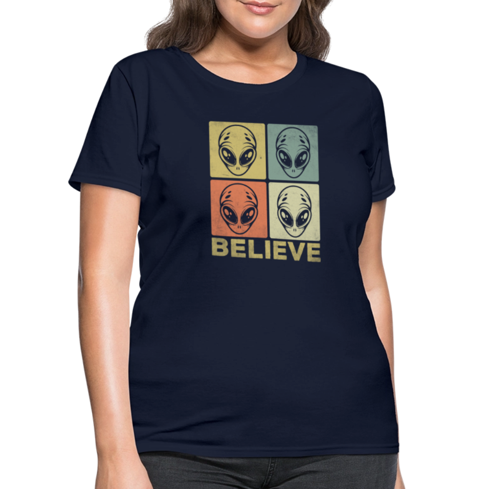 Believe Alien Women’s T-Shirt – Cute UFO Style with Alien Faces - navy