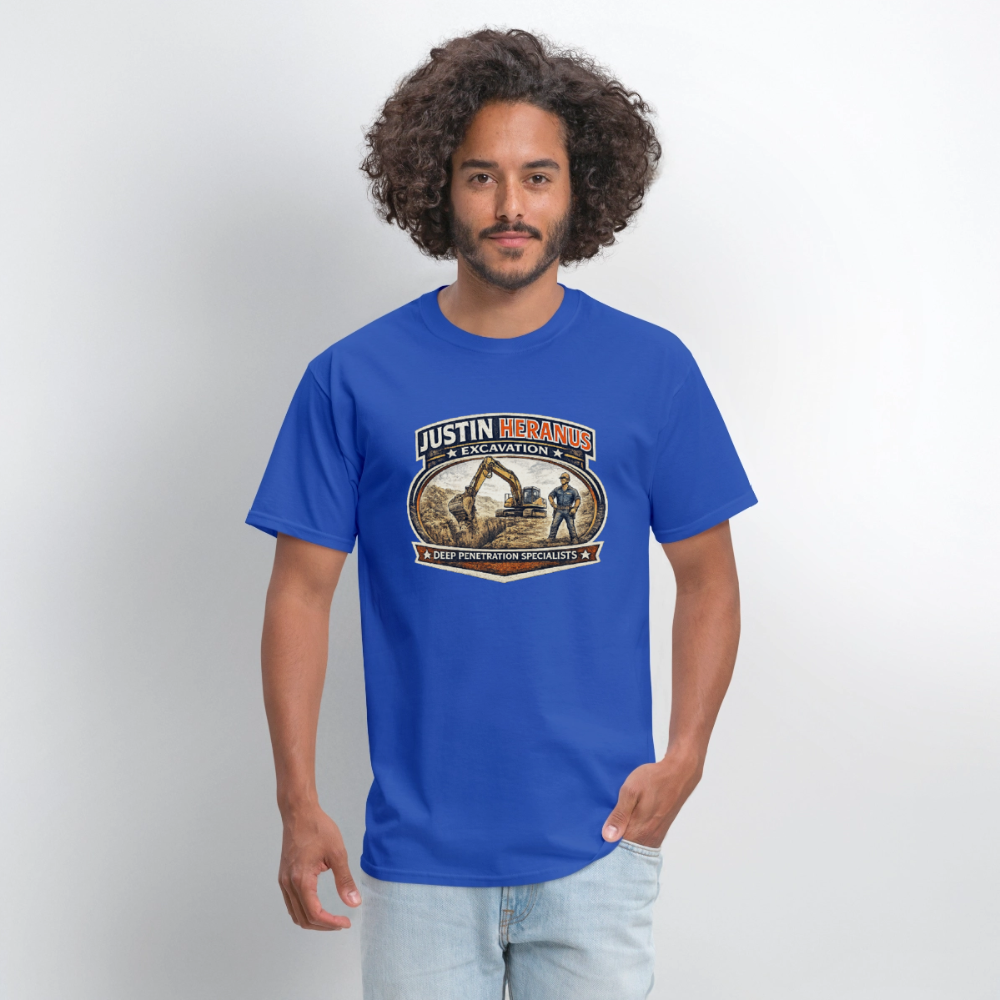 Justin Heranus Excavation T-Shirt Funny Adult Humor Tee - royal blue