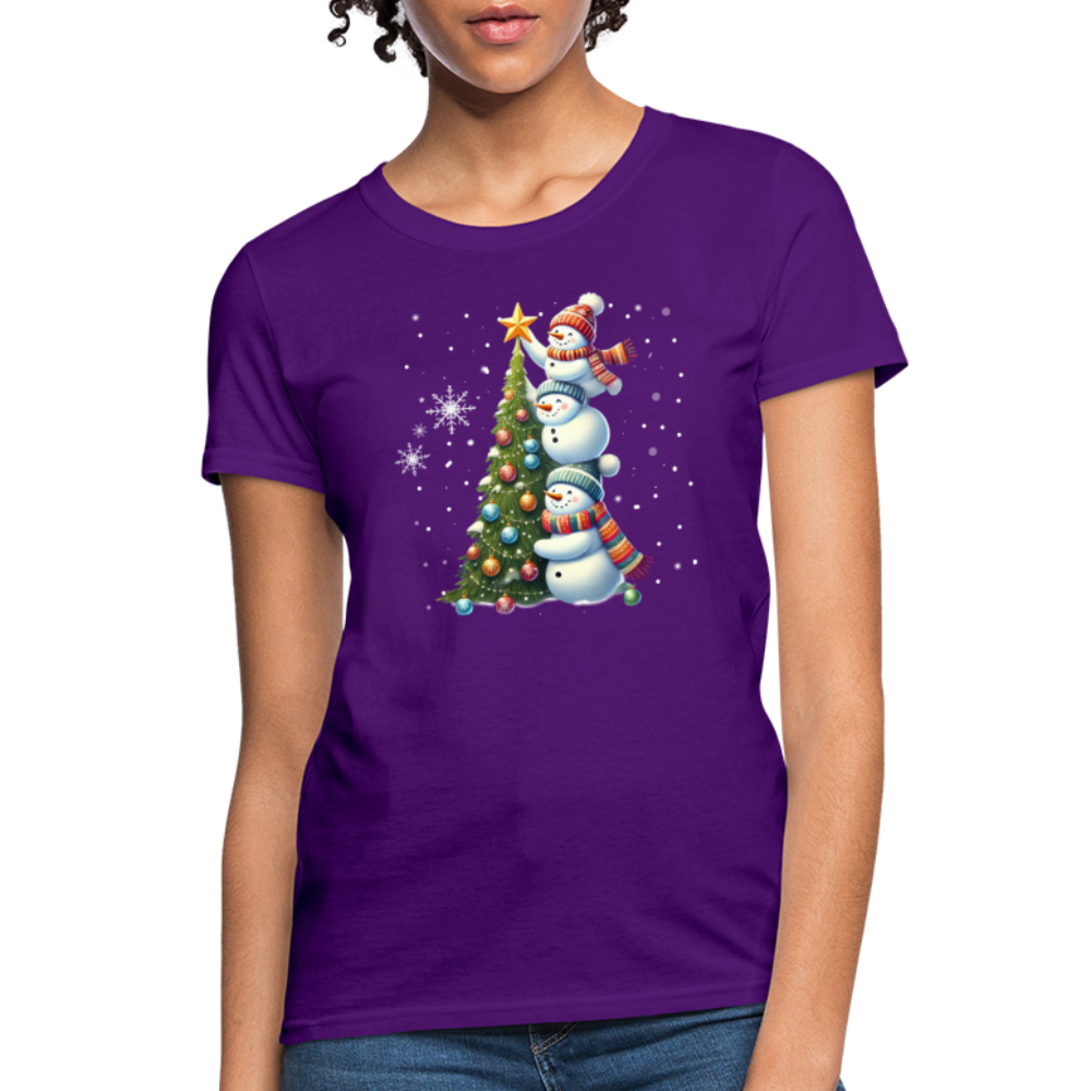 Cute Snowman Decorating Christmas Tree Women's Contoured T-Shirt - purple