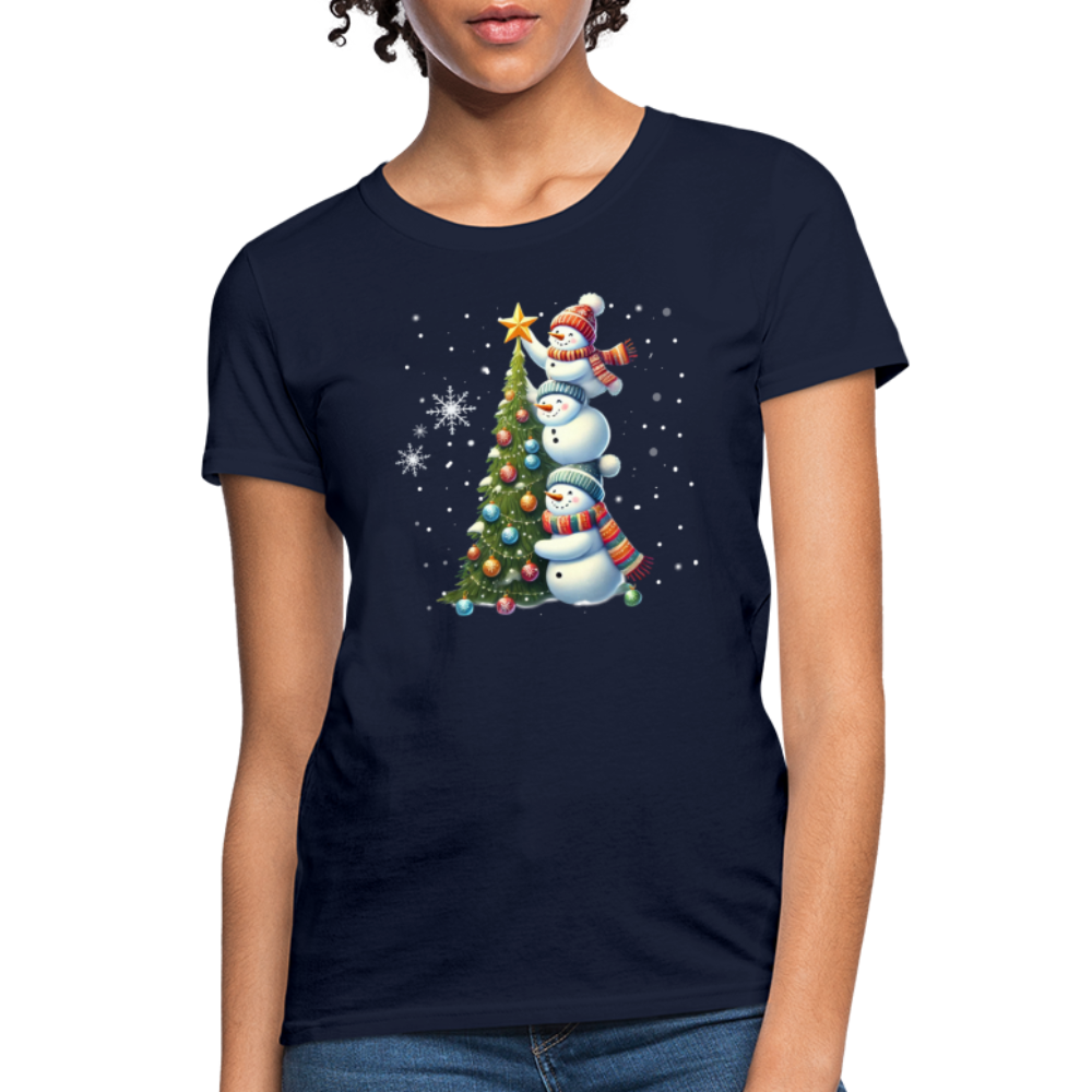 Cute Snowman Decorating Christmas Tree Women's Contoured T-Shirt - navy