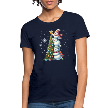 Cute Snowman Decorating Christmas Tree Women's Contoured T-Shirt - navy