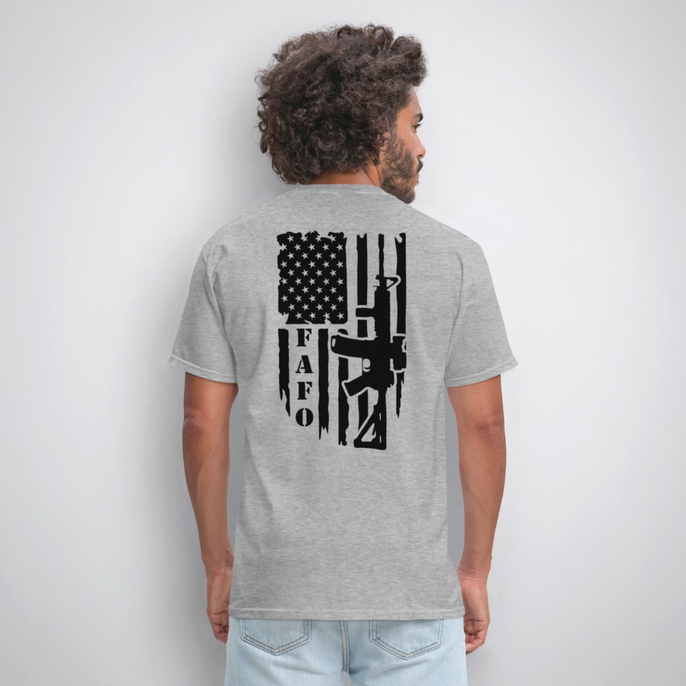 FAFO T-Shirt – AR-15 & American Flag Back Print Color: heather gray