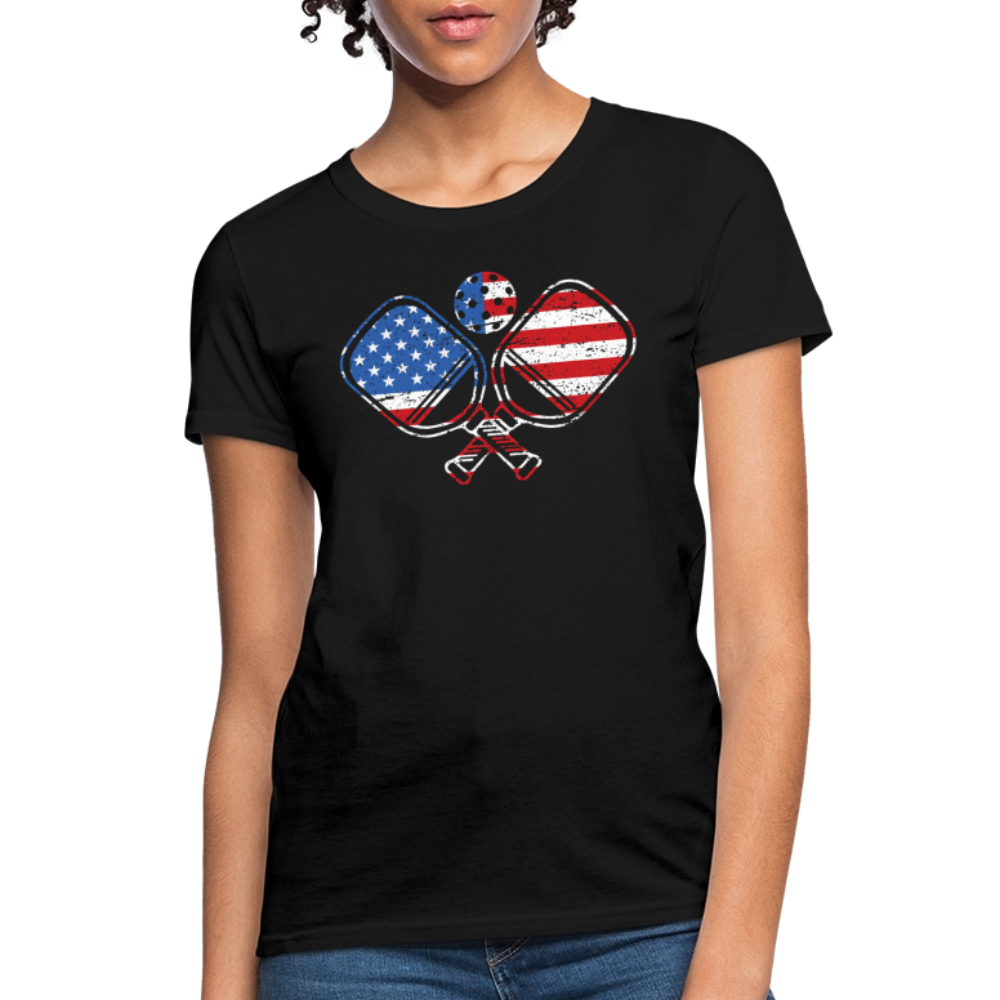 American Flag Pickleball Paddle Women's Contoured T-Shirt - black