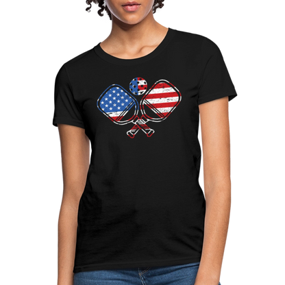 American Flag Pickleball Paddle Women's Contoured T-Shirt - black